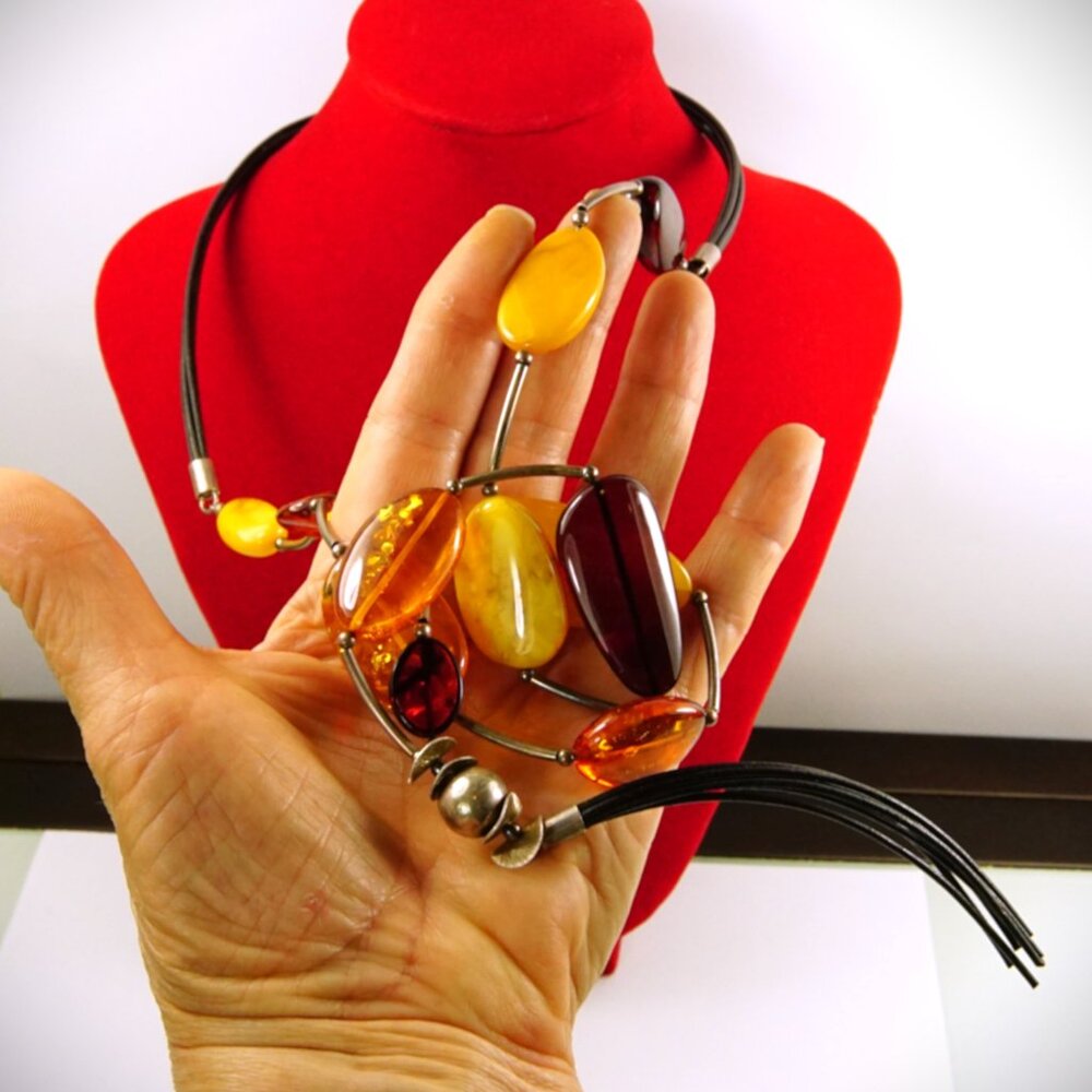 34" Long Beaded Amber 925 Silver Necklace - Black Leather Cord - Modernist Style